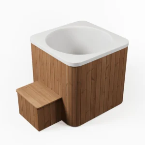 Single-person cold plunge tub designed for cold water therapy, featuring a 470L capacity to boost recovery, circulation, and energy. Compact dimensions of 1040 mm width, 1040 mm length, and 1050 mm height with a durable thermo wood exterior and glassfiber interior in white or grey. Includes a step and optional add-ons like insulated cover, water cooler-heater, LED lights, and digital thermometer for a customizable wellness experience.