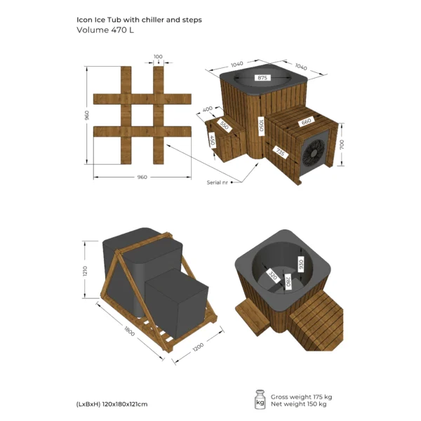 Ühe inimese külmaveetünn külmateraapiaks, ideaalne taastumiseks ja tervise parandamiseks. Kompaktne disain: laius 1040 mm, pikkus 1040 mm, kõrgus 1050 mm, mahutavus 470 L. Klaasplastist sisemus hallis või valges toonis, termotöödeldud puitviimistlus toonis 'pähkel'. Lisavarustuses LED-valgustus, termokate ja vee jahutaja-soojendaja.