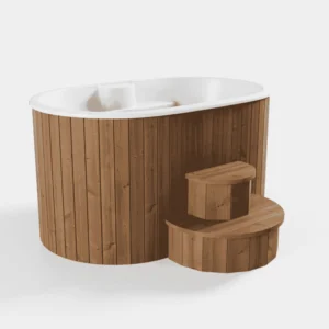 Spacious 2-person cold plunge tub for cold water therapy, enhancing recovery, circulation, and energy. Features a 1900 mm width, 1200 mm length, and 970 mm height with a durable thermo wood exterior in walnut or black and glassfiber interior in white, black, or grey. Includes a round step and optional add-ons like insulated cover, water cooler-heater, LED lights, and digital thermometer. Ideal for wellness and post-workout routines.