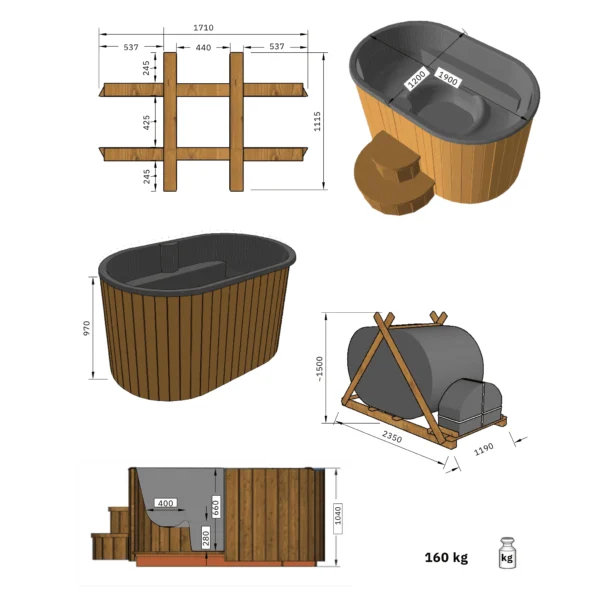 Spacious 2-person cold plunge tub for cold water therapy, enhancing recovery, circulation, and energy. Features a 1900 mm width, 1200 mm length, and 970 mm height with a durable thermo wood exterior in walnut or black and glassfiber interior in white, black, or grey. Includes a round step and optional add-ons like insulated cover, water cooler-heater, LED lights, and digital thermometer. Ideal for wellness and post-workout routines.