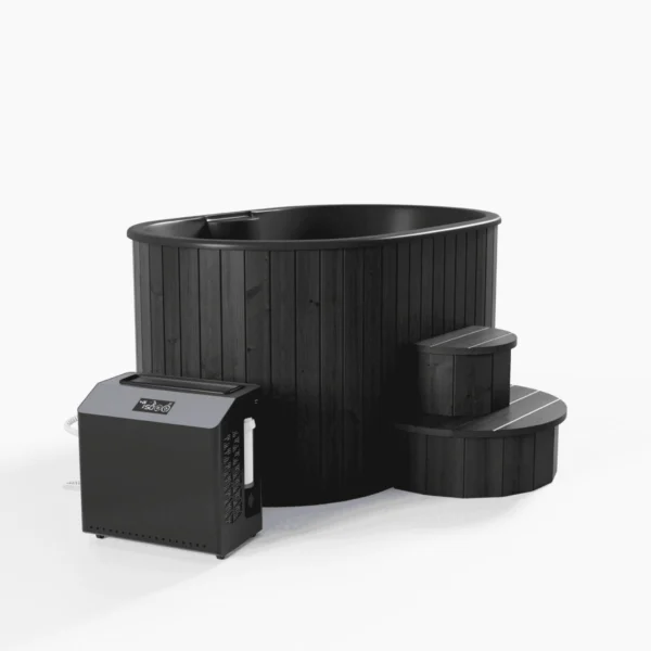 Spacious 2-person cold plunge tub for cold water therapy, enhancing recovery, circulation, and energy. Features a 1900 mm width, 1200 mm length, and 970 mm height with a durable thermo wood exterior in walnut or black and glassfiber interior in white, black, or grey. Includes a round step and optional add-ons like insulated cover, water cooler-heater, LED lights, and digital thermometer. Ideal for wellness and post-workout routines.