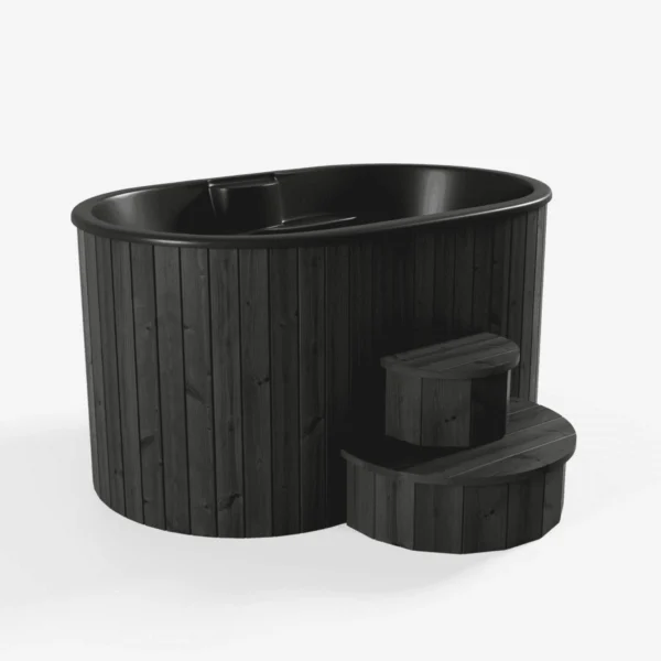 Spacious 2-person cold plunge tub for cold water therapy, enhancing recovery, circulation, and energy. Features a 1900 mm width, 1200 mm length, and 970 mm height with a durable thermo wood exterior in walnut or black and glassfiber interior in white, black, or grey. Includes a round step and optional add-ons like insulated cover, water cooler-heater, LED lights, and digital thermometer. Ideal for wellness and post-workout routines.