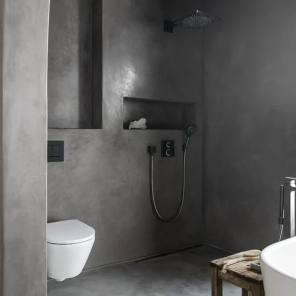 Custom made grey tadelakt in a bathroom.