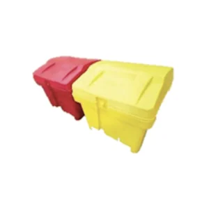 Toy boxes for outdoor use in colours yellow and red.