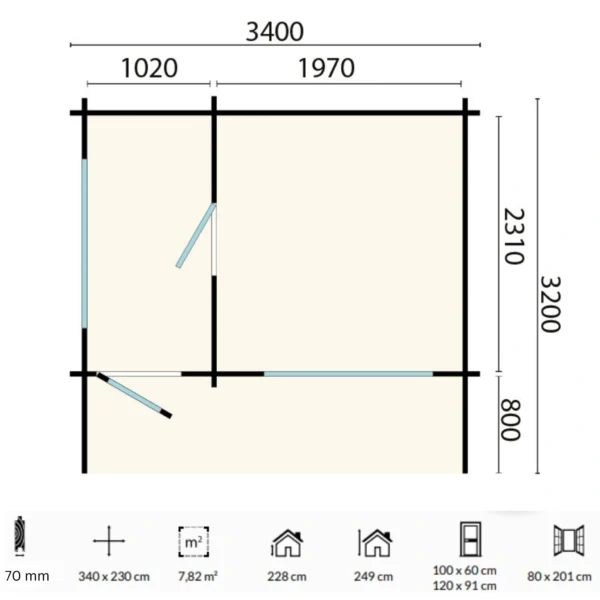 Tyylikäs ja käytännöllinen Ahti XL Flat -sauna, jonka mitat ovat 3,4 x 2,3 m. Sisältää saunahuoneen ja helposti muokattavan pienemmän huoneen. Valmistettu kestävästä pohjoismaisesta kuusesta, seinät 70 mm ja tasakatto tarjoavat modernia mukavuutta ympäri vuoden.