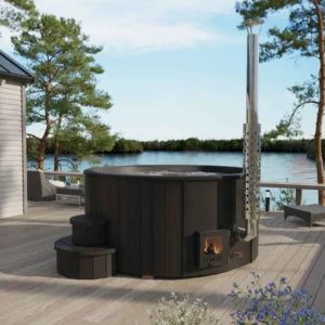 Black "Delux" hot tub with integrated heater, 2000mm diameter, ergonomic fiberglass seating for up to six people, and sleek thermowood exterior treated with weather-resistant stain for a luxurious outdoor spa experience.