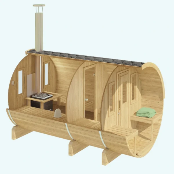 Spacious 3.3m barrel sauna with terrace and changing room. Ideal for outdoor relaxation and authentic sauna experiences.