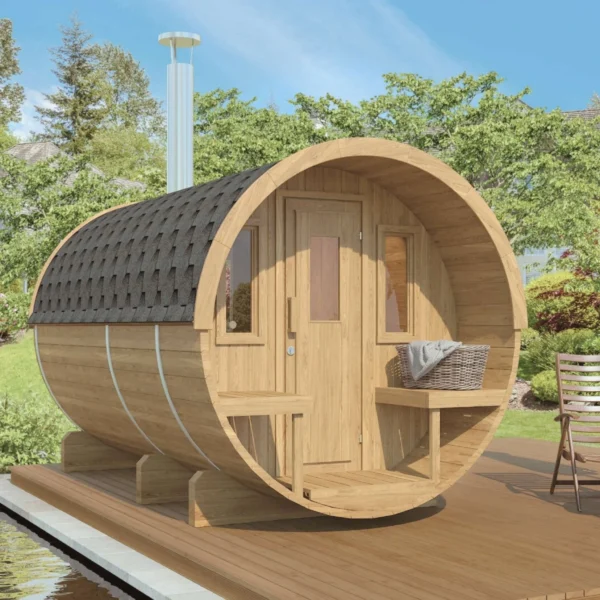 Spacious 3.3m barrel sauna with terrace and changing room. Ideal for outdoor relaxation and authentic sauna experiences.