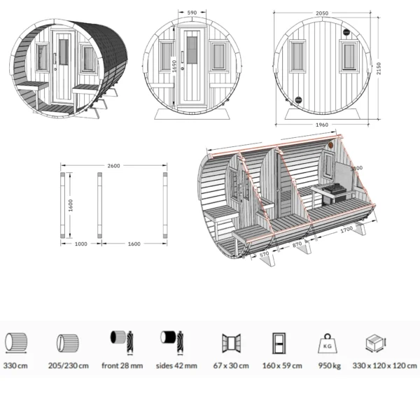 Spacious 3.3m barrel sauna with terrace and changing room. Ideal for outdoor relaxation and authentic sauna experiences.