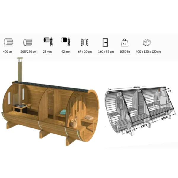 Ehala 400 Saun – Klassikaline torusaun, millel on avar sisemus, eraldi riietusala ja terrass, valmistatud kvaliteetsest põhjamaise kuuse puidust.
