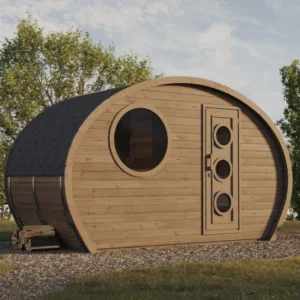 Exterior view of the Ilmarinen barrel sauna set in a natural outdoor environment, featuring its stylish curved design, round window, and durable wooden construction, perfect for blending with any landscape.