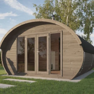 Modern exterior of the Ilmarinen sauna with large glass doors, a durable wooden finish, and a curved barrel design, placed in a serene outdoor environment.