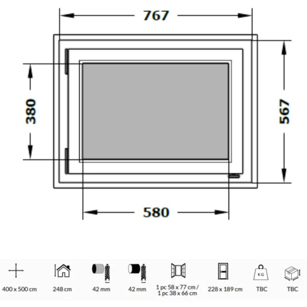 Dimensional diagram of the Ilmarinen sauna showcasing detailed measurements for the front and side views, including the layout of the stove and internal compartments.