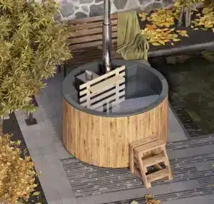 1,8m pyöreä kylpytynnyri sisäisellä kiukaalla