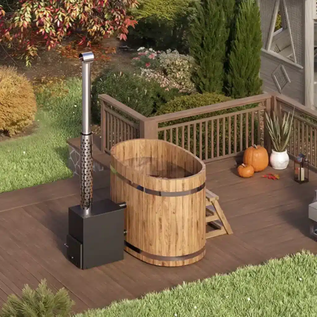 Oval wooden hot tub with outside heater (spruce/thermowood)