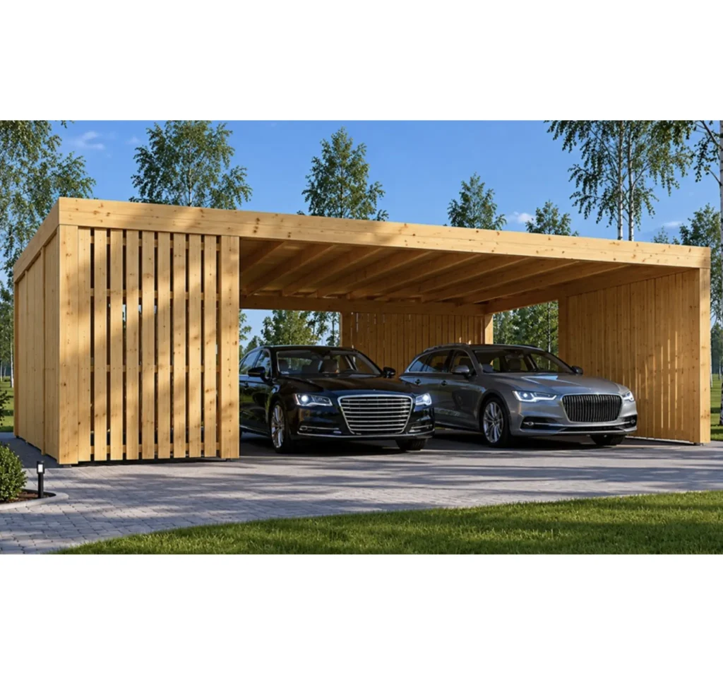 Kaksinkertainen puinen autokatos varastolla ja sivuseinillä LUNA DUO F PLUS (7,6×5,6 m)