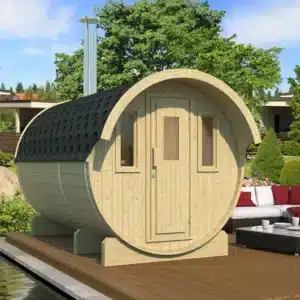 “Ehala 330” tynnyrisauna – 3.3m, pukuhuoneella ja katoksella