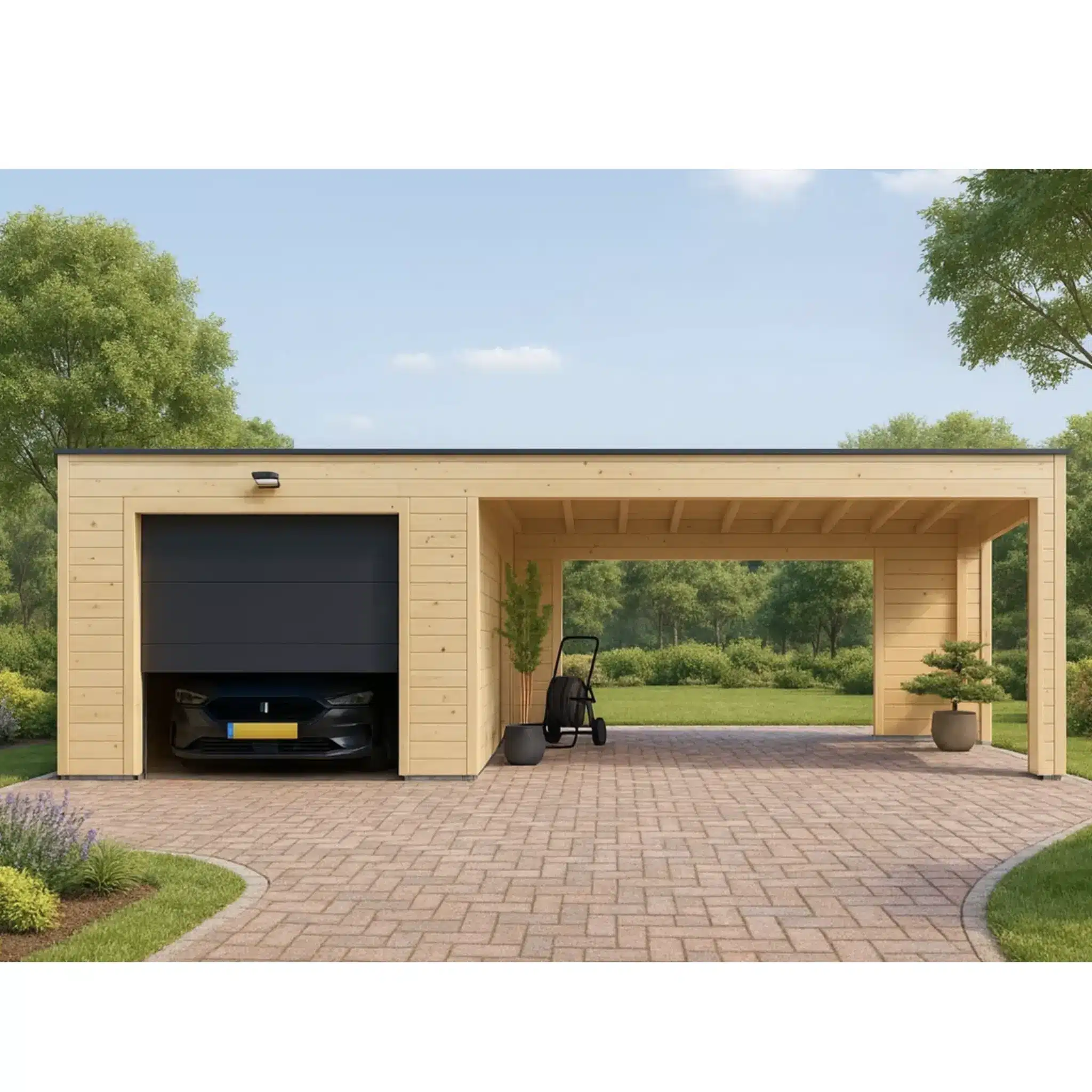 Garage BIZON 24 m² + 36 m² Carport – 44 mm + 100 mm + 19 mm