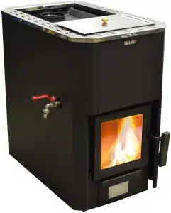 Skamet P-12025 RV wood-burning sauna heater with metal casing and 25 L stainless-steel water tank for 16–25 m³ saunas, heated from the same room