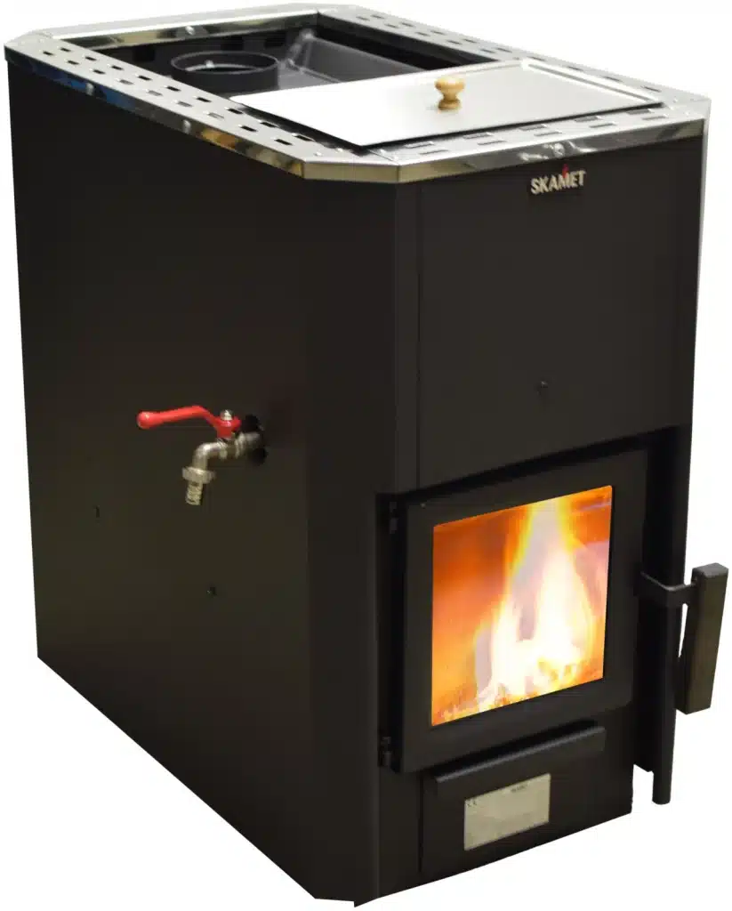 Skamet P-12025 RV wood-burning sauna heater with metal casing and 25 L stainless-steel water tank for 16–25 m³ saunas, heated from the same room