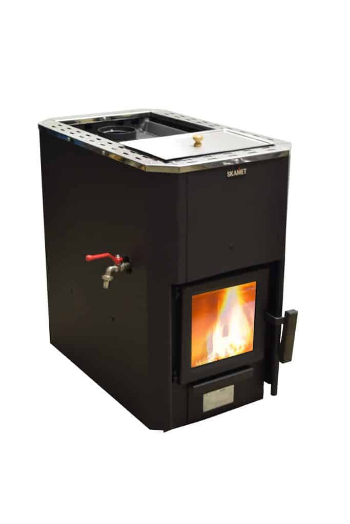 Skamet P-11620 RV wood-burning sauna heater with metal casing and stainless steel water tank for 8–18 m³ saunas, heated from the same room