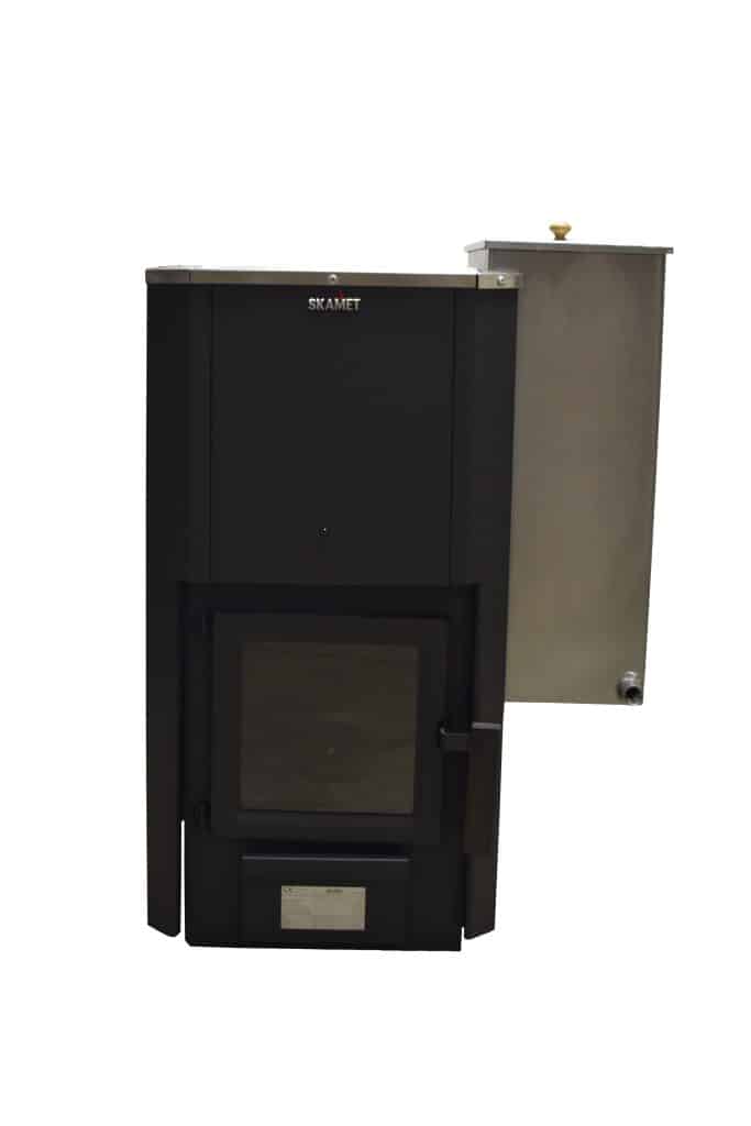 Skamet P-11640 wood-burning sauna heater with optional 40 L stainless-steel water tank for 8–18 m³ saunas, heated from the same room
