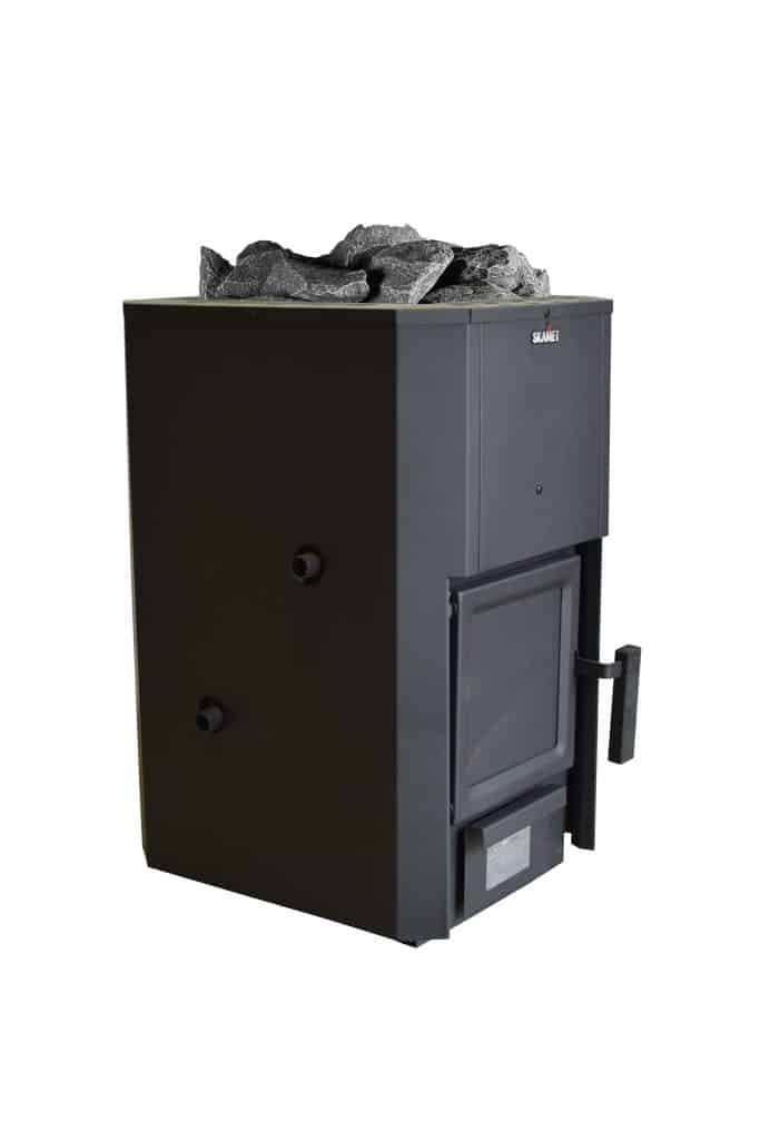 Skamet P-120 wood-burning sauna heater with metal casing for 16–25 m³ saunas, heated from the same room