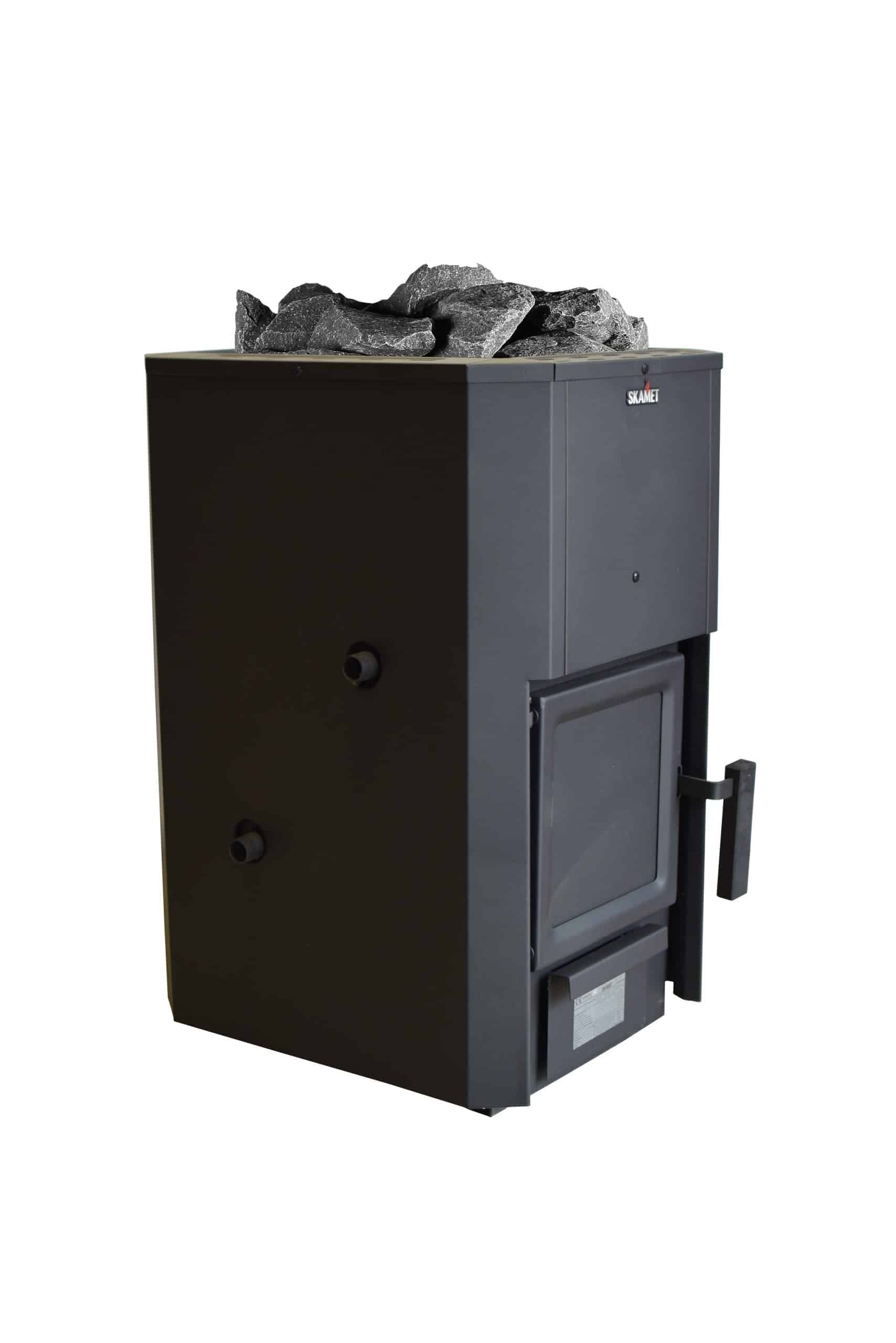 Skamet P-120 wood-burning sauna heater with metal casing for 16–25 m³ saunas, heated from the same room
