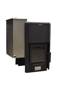 Skamet P-12040 wood-burning sauna heater with metal casing and optional 40 L side water tank for 16–25 m³ saunas, heated from the same room