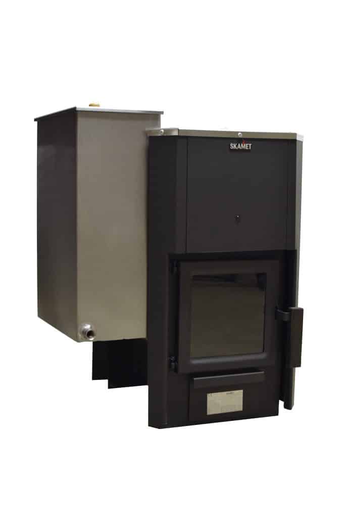 Skamet P-12040 wood-burning sauna heater with metal casing and optional 40 L side water tank for 16–25 m³ saunas, heated from the same room