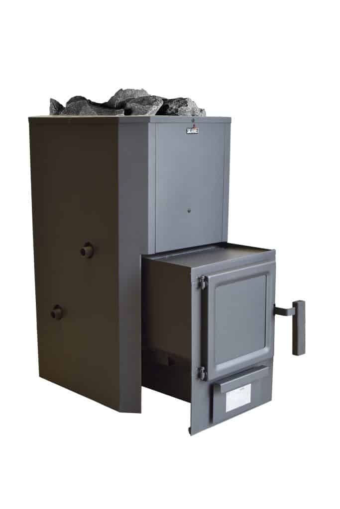 Skamet P-216 wood-burning sauna heater with metal casing for 8–18 m³ saunas, heated from adjacent room