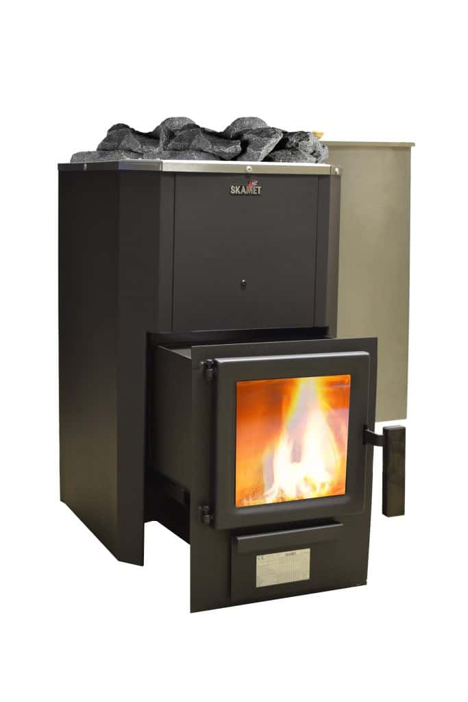 Skamet P-21640 wood-burning sauna heater with extended firebox and  optional 40 L stainless-steel water tank for 8–18 m³ saunas, heated from adjacent room