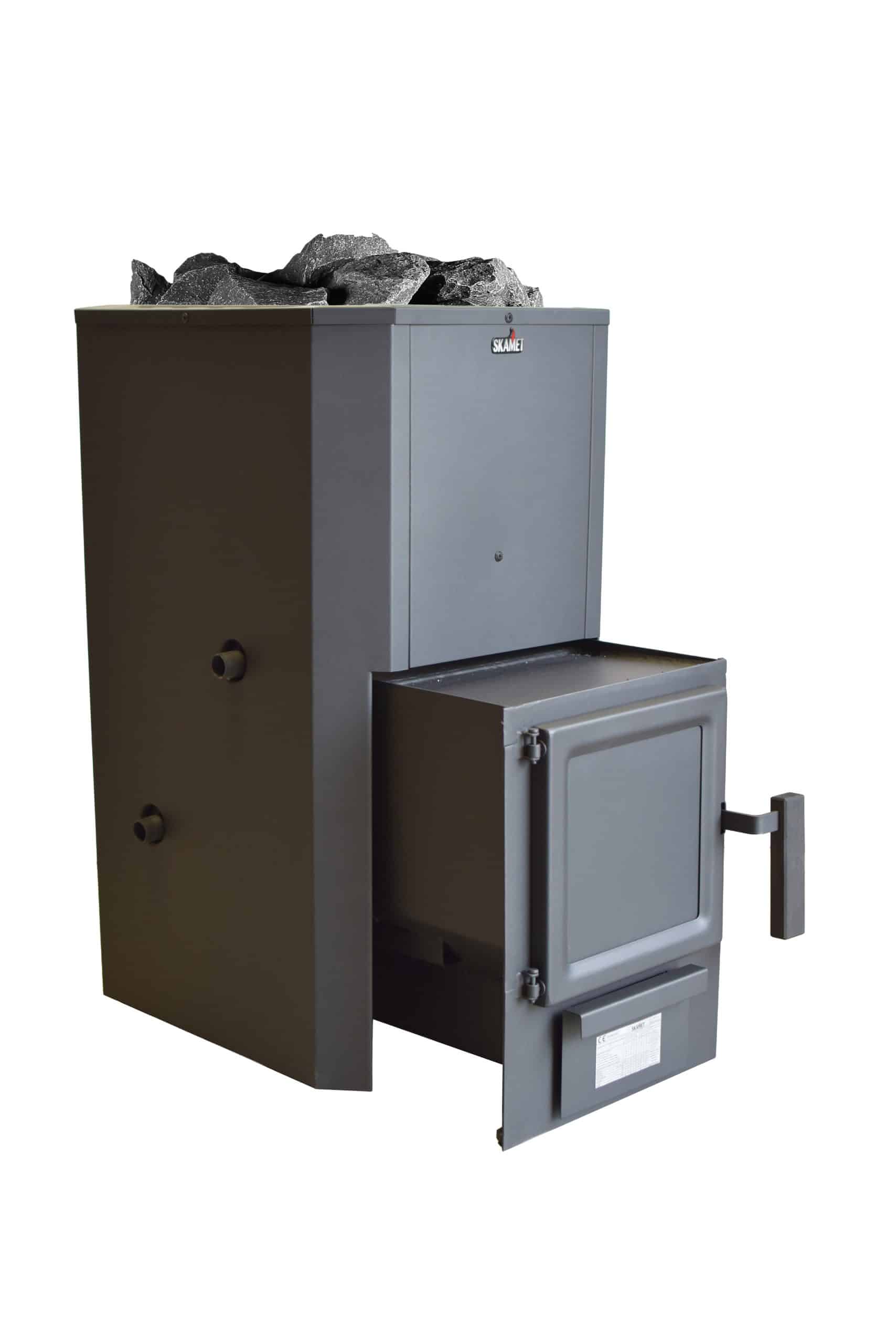 Skamet P-220 wood-burning sauna heater with metal casing for 16–25 m³ saunas, heated from adjacent room