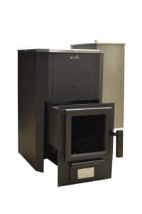 Skamet P-22040 puulämmitteinen kiuas metallikuorella ja valinnaisella 40 L sivuvesisäiliöllä (16–25 m³), lämmitetään viereisestä huoneesta