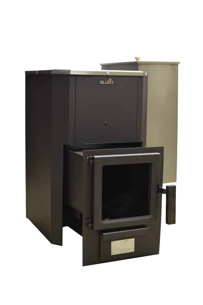 Skamet P-22040 wood-burning sauna heater with metal casing with optional 40 L side water tank for 16–25 m³ saunas, heated from adjacent room