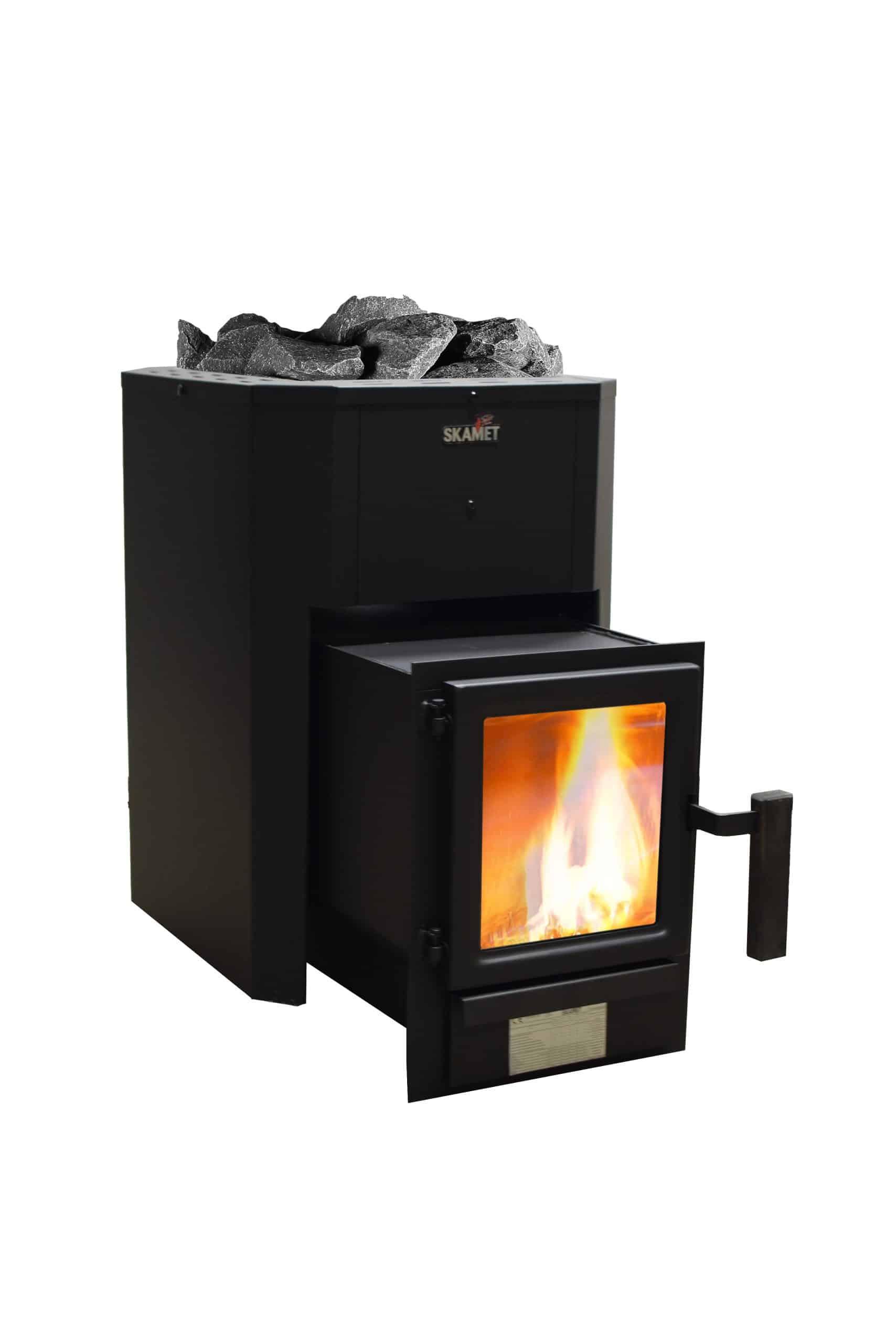 Skamet PS-210 GL wood-burning sauna heater with metal casing for 7–12 m³ saunas, heated from adjacent room