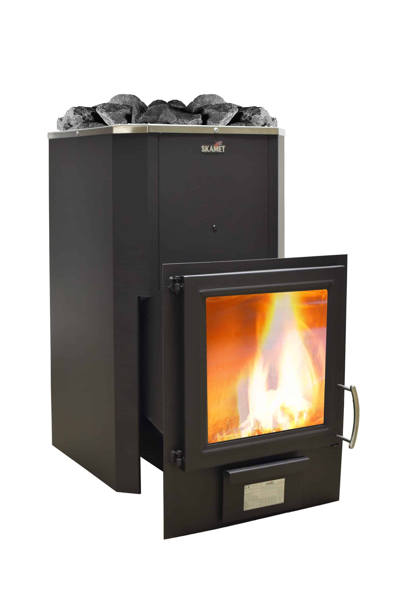 Skamet PT-220 GL wood-burning sauna heater with large glass door and metal casing for 16–25 m³ saunas, heated from adjacent room