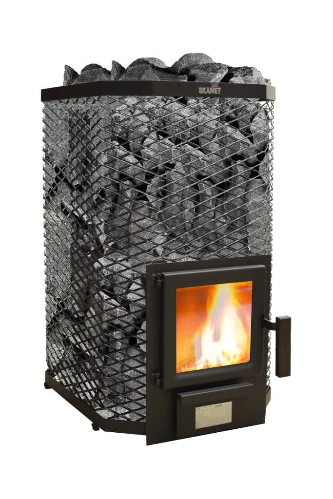 Skamet S-120 wood-burning sauna heater with square net casing – for 16–25 m³ saunas, heated from the same room