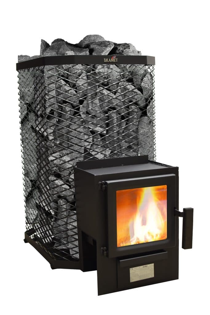 Skamet S-220 wood-burning sauna heater with square net casing for 16–25 m³ saunas, heated from adjacent room