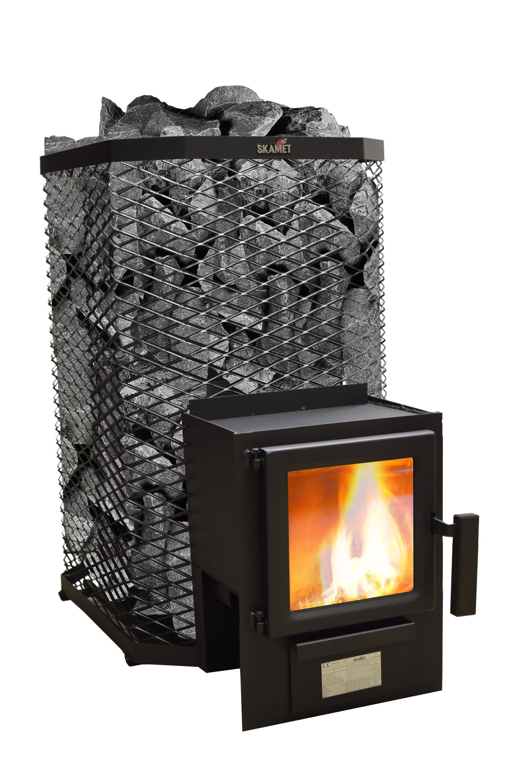 Skamet S-220 wood-burning sauna heater with square net casing for 16–25 m³ saunas, heated from adjacent room