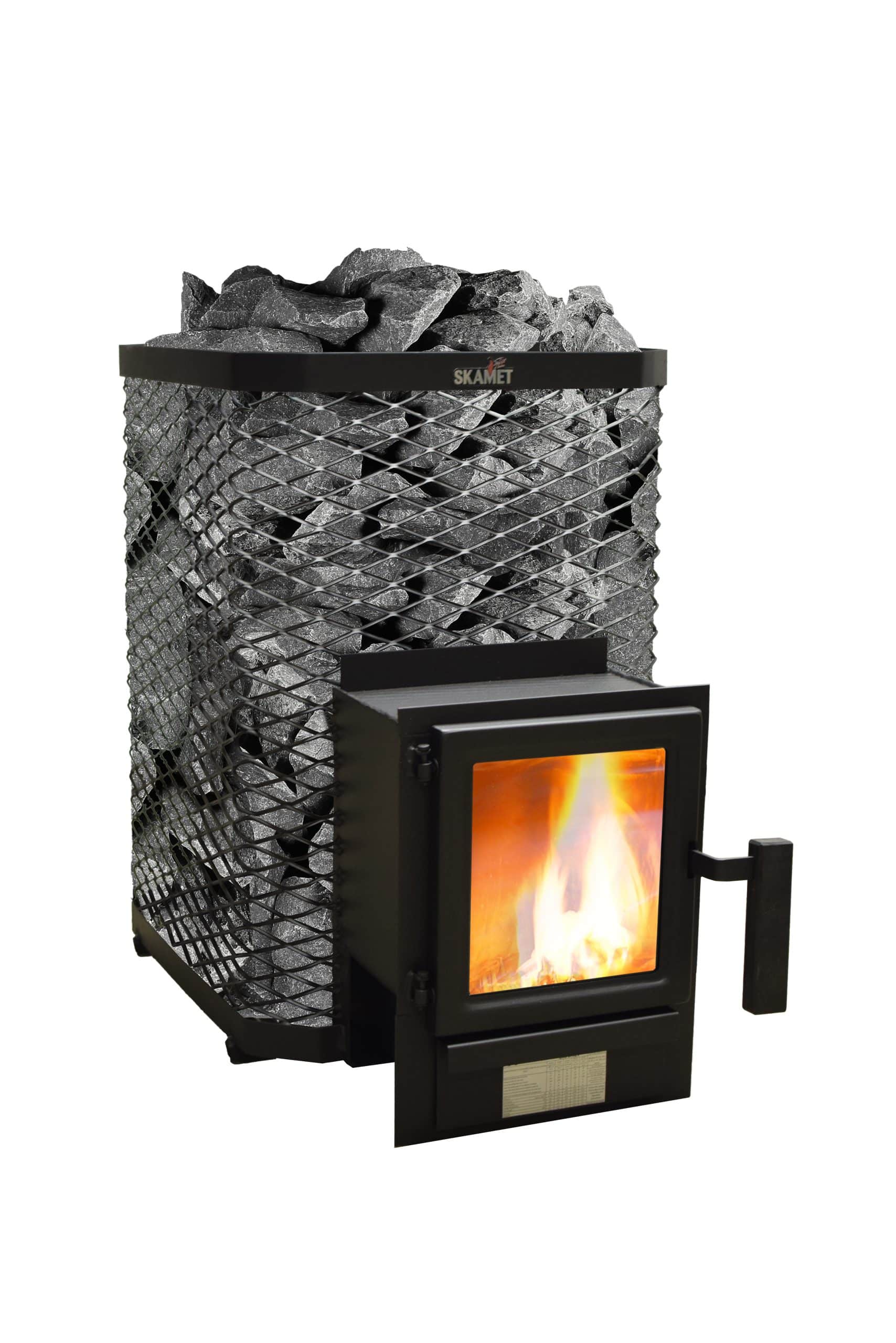 Skamet SS-210 GL wood-burning sauna heater with angular net casing for 7–12 m³ saunas, heated from an adjacent room
