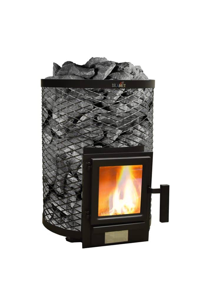 Skamet SSY-110 GL wood-burning sauna heater with round net casing for 7–12 m³ saunas, heated from the same room