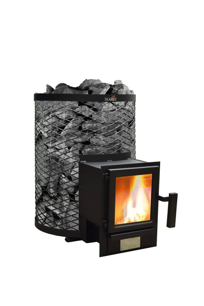 Skamet SSY-210 GL wood-burning sauna heater with round net casing for 7–12 m³ saunas, heated from an adjacent room