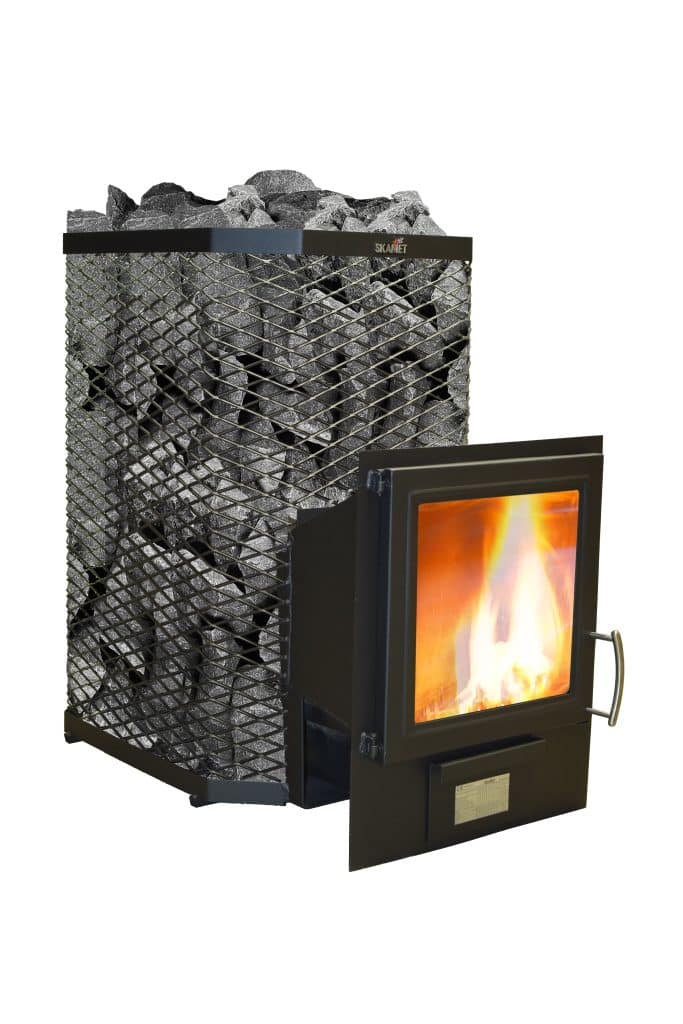 Skamet ST-216 GL wood-burning sauna heater with large glass door and square net casing for 8–18 m³ saunas, heated from adjacent room