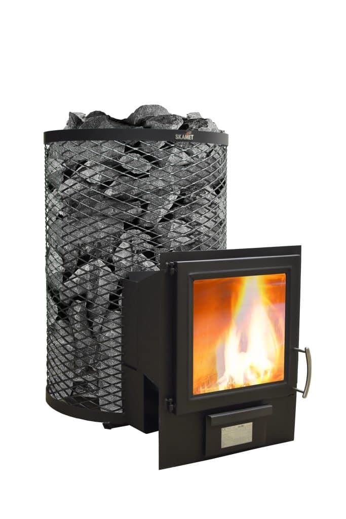 Skamet STY-216 GL wood-burning sauna heater with large glass door and round net casing for 8–18 m³ saunas, heated from adjacent room