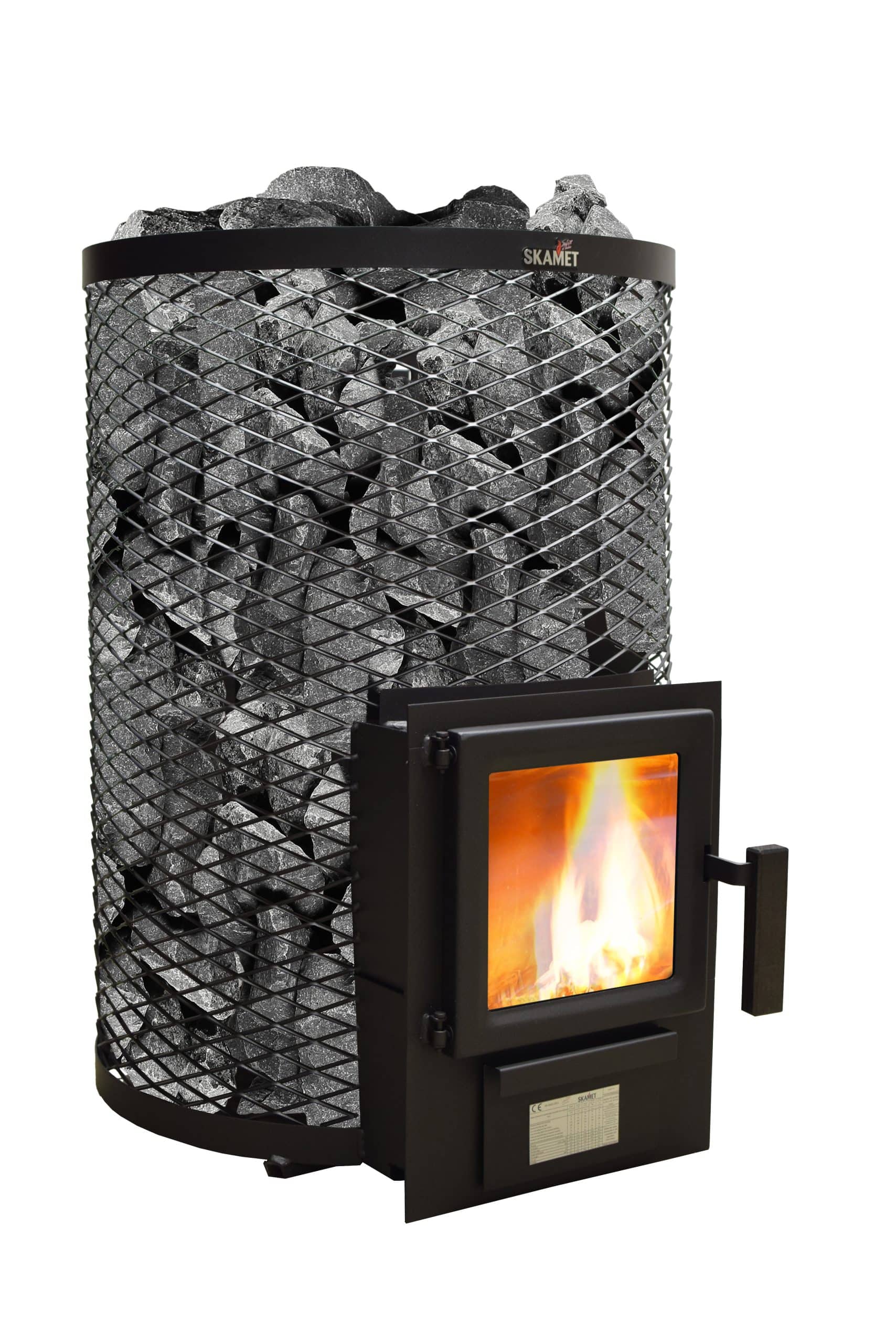 Skamet SY-120 wood-burning sauna heater with round net casing for 16–25 m³ saunas, heated from the same room