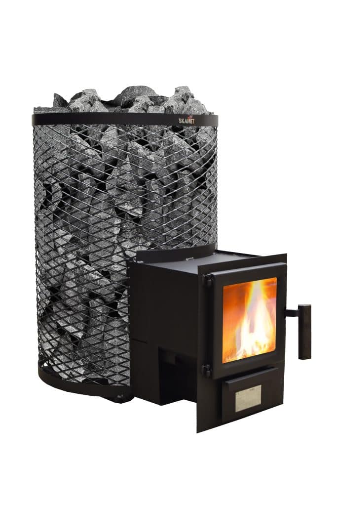 Skamet SY-216 wood-burning sauna heater with round net casing for 8–18 m³ saunas, heated from adjacent room