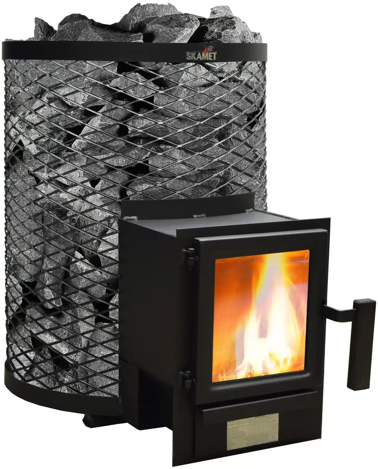 Skamet SY-220 wood-burning sauna heater with round net casing for 16–25 m³ saunas, heated from adjacent room