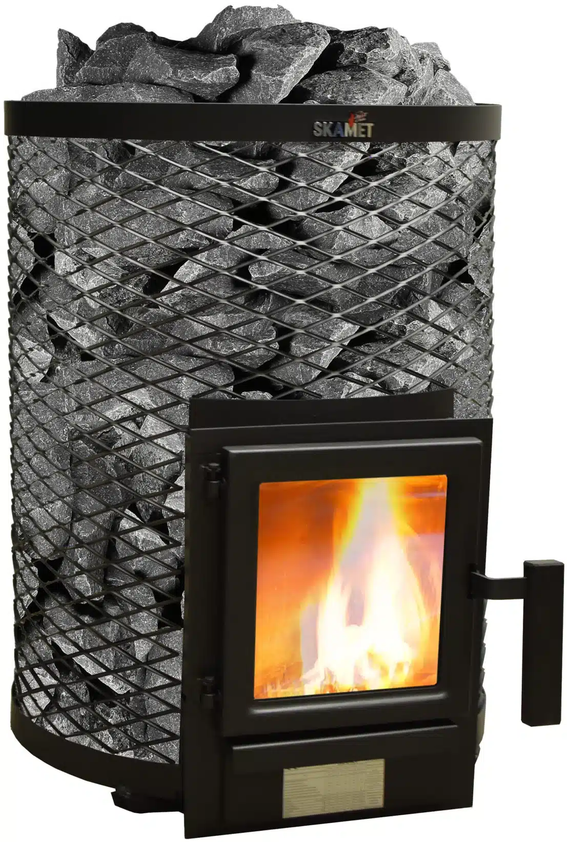 Skamet SY-116 wood-burning sauna heater with round net casing for 8–18 m³ saunas, heated from the same room
