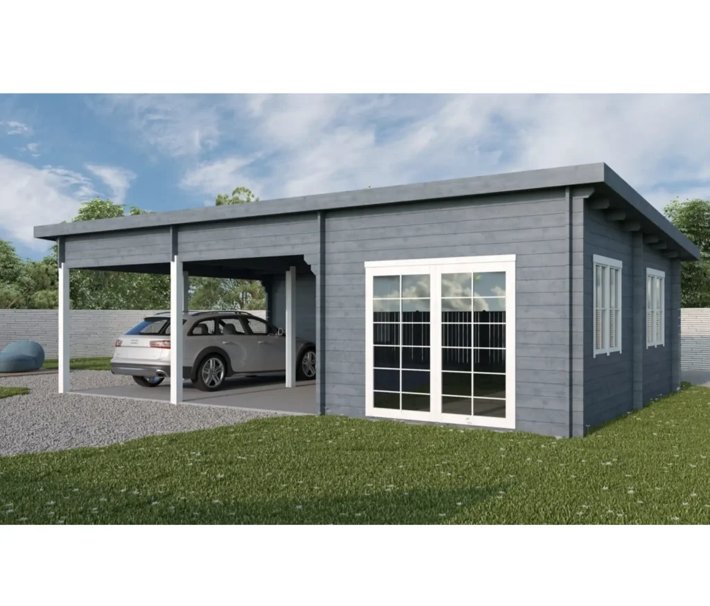 Tivoli – Double carport with flat roof and shed (5.95 m x 9.5 m), 44 mm